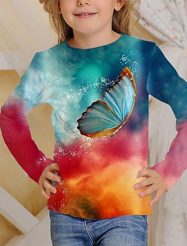  Kinder Mädchen Schmetterling T Shirt Langarm 3D Druck Marineblau Kinder Tops Herbst Active Regular Fit 4-12 Jahre