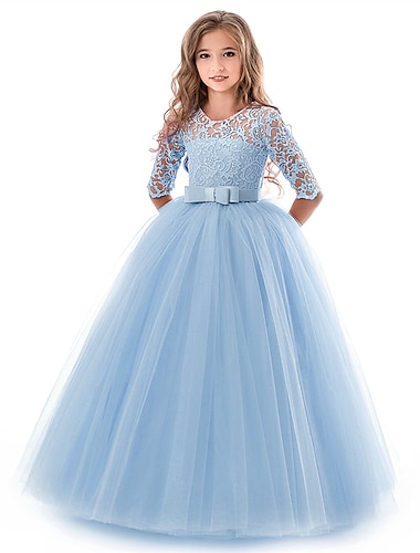  Kids Little Girls' Dress Floral Lace Solid Color Party Wedding Evening Hollow Out Princess White Blue Purple Lace Tulle Maxi Swing Mesh Dress Short Elbow Sleeve Flower Vintage Gowns Dresses 3-14 Years