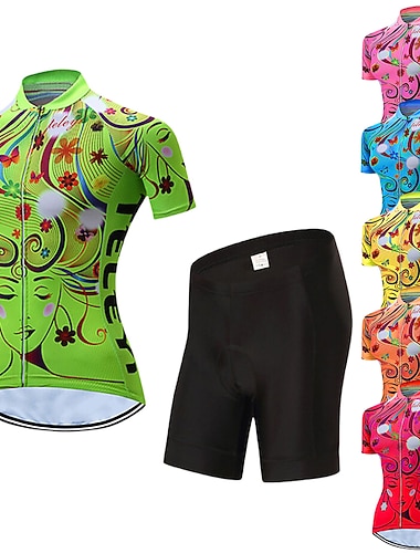  Damskie Koszulka z szortami na rower Krótki rękaw Kolarstwo górskie Kolarstwie szosowym Lato Wiosna Jesień Żółty Różowy Czerwony Pasek Wzory Kwiatowy / Roślinny Kwiat Śmieszne Rower Filtr
