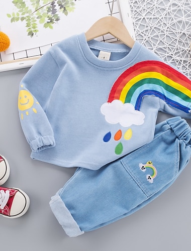  2 Peças bebê Para Meninos Capuz & Calças Ativo Algodão Amarelo Vermelho Bege Arco-Íris Imprimir Manga Longa Padrão / Outono