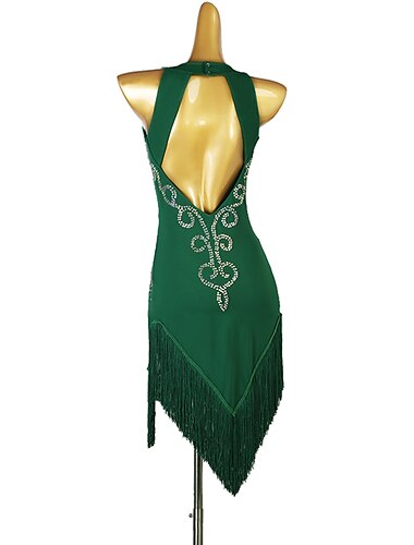  Kleid für Tanz, Salsa, lateinamerikanischen Tanz, Fransen, Quasten, Kristalle/Strasssteine, Damen, Performance-Training, ärmelloses Chinlon