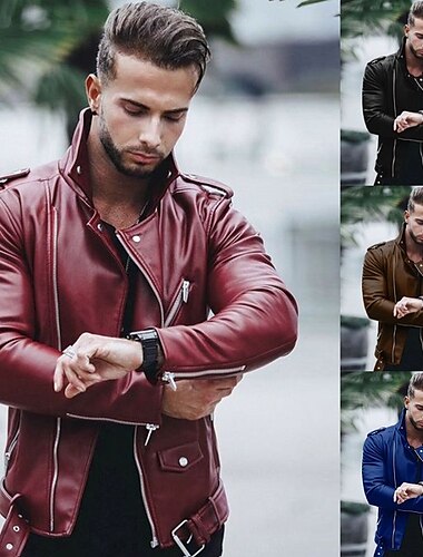  Herren Jacke Lederjacke Kunstlederjacke Motorrad Jacke Motorradjacke Geschäft Täglich warm Windundurchlässig Tasche Herbst Feste Farbe Strassenmode Geschäftlich Umlegekragen Kurz Kunstleder Regular