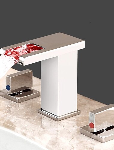 Grifo monomando para lavabo de baño con cascada, luz LED, montado en cubierta, latón, extendido, 2 manijas, 3 orificios, grifos para lavabo con manguera de agua fría y caliente