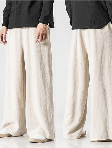  Voor heren Linnen broek Broek Zomerbroek Strandbroeken Breed Been Vloeiend Effen Comfort Ademend Volledige lengte Yoga Casual Feestdagen Modieus Streetwear Ruim Passend Zwart Marineblauw