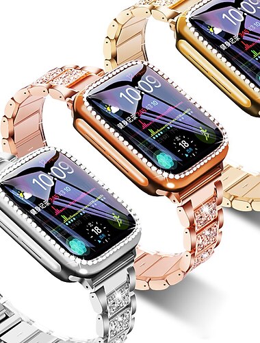  حزام إلى Apple Watch Series 8 7 6 5 4 3 2 1 SE ستانلس ستيل إستبدال حزام بلينغ الماس سوار مجوهرات معصمه