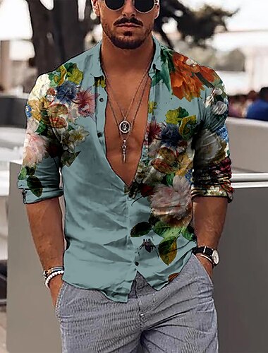  Herren Blumen Hemd Knopfhemd Langarm Modisch Designer Brautkleider schlicht Outdoor Täglich Herbst Winter Kragen Bedruckt Button-Down Rosa Blau Purpur Grün