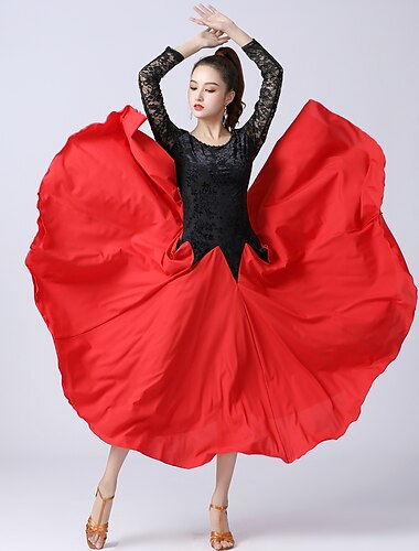  ボールルームダンス ドレス レース スプライシング 女性用 訓練 性能 長袖 ハイウエスト ポリエステル