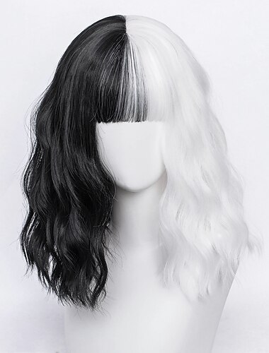  Perruques de cosplay Noir Blanc Ombre Ondulé Cheveux synthétiques Court Perruques Femmes Perruques Pour la fête