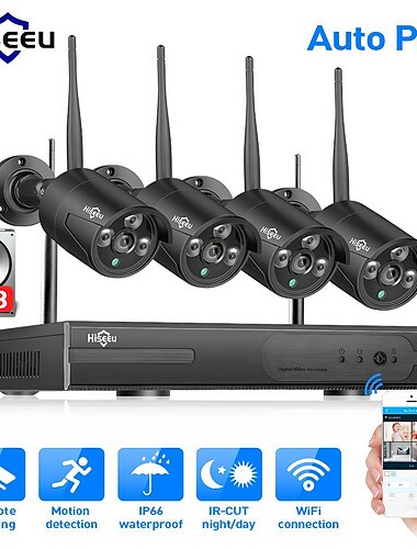  Hiseeu Wireless NVR 4CH CCTV System 3MP Indoor Outdoor Security Camera System With 4P 960P WiFi Cameras IP66 Waterproof With Audio Mobile&PC Remote Night Vision Survilliance 1TB 3TB Hard Drive