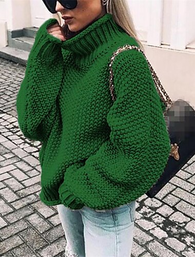  Damen Pullover Basic Brautkleider schlicht Feste Farbe Grobstricken Gehäkelt Rollkragen Strick Langarm Stricken Täglich Ausgehen Hellblau Schwarz Herbst Winter