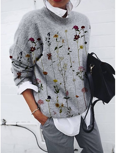  Sudadera para mujer, estilo pulóver, estilo urbano, estilo vintage, con estampado floral, para el trabajo, para uso diario, cuello redondo, cuello redondo, manga larga, gris, otoño&amp; invierno