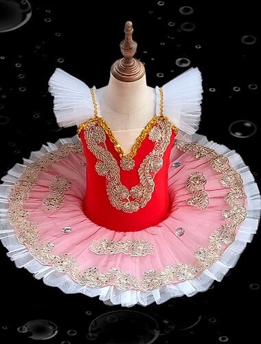  Kids' Dancewear Ballet Tutu Dress Dress Rhinestone Lace Embroidery Girls' Performance Training Cap Sleeve High Mesh Spandex
