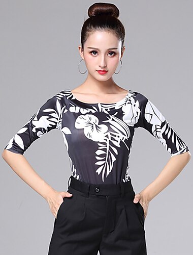  ריקוד לטיני ריקודים סלוניים עליון הדפסה שחבור בגדי ריקוד נשים הצגה הדרכה חצי שרוול גבוה פוליאסטר