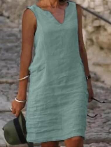  Damen Midikleid Baumwoll-Leinen-Kleider Freizeitkleid Baumwoll-Leinenkleid Shiftkleid Basic Lässig Urlaub Täglich Ausgehen Normale Passform Einfarbig Ärmellos V-Ausschnitt Gelb Rosa Blau Grün Sommer