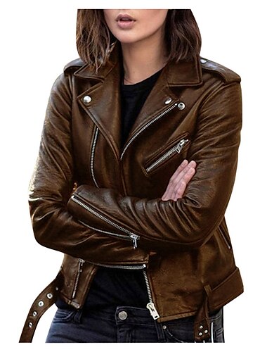  Damen Lederjacke Kunstlederjacke Jacke Komfortabel Tasche Full Zip Brautkleider schlicht Feste Farbe Strasse Täglich Reisverschluss Kurz Standard Umlegekragen Regular Fit Langarm Oberbekleidung