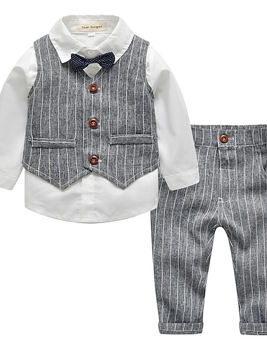  2 Piezas Vestido de Padrino Chico Niños Traje Traje formal Camisa y Pantalones Conjunto de pantalones Escuela Fiesta Cita Moda Fresco Básico Raya Estampado Beige Azul claro Algodón