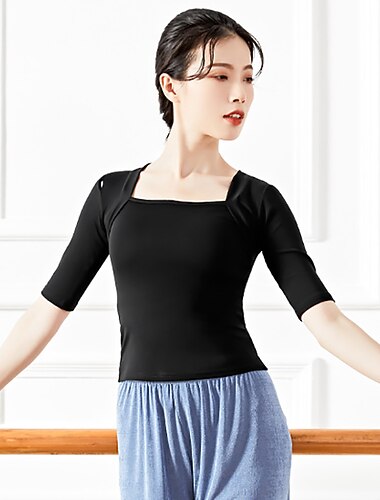  לבוש אקטיבי עליון צבע טהור בגדי ריקוד נשים הצגה הדרכה חצי שרוול גבוה תערובת כותנה