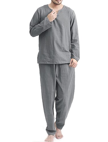  Hombre Pijamas Pijama Top y pantalón de pijama 2 Piezas Color puro Casual Hogar Diario Mezcla de Algodón Transpirable Cuello Barco Manga Larga Pantalón Verano Primavera Blanco Color Caquí