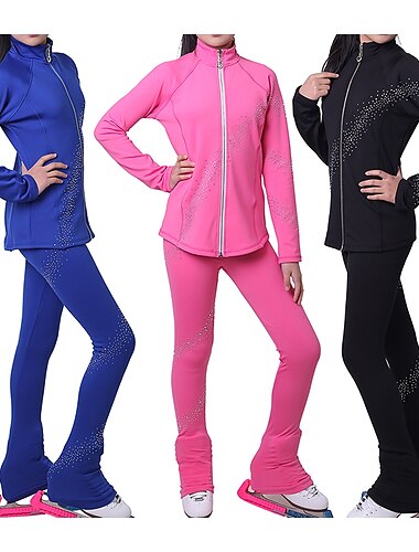  Konståkningsjacka med byxor Flickor Skridskor Jacka Byxa Damasker Svart Blå Fuchsia Skinna Elastan Hög Elasisitet Träning Öva Tävling Skridskoplagg Håller värmen Handgjord Kristall / Strass Stenar
