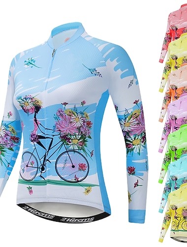  Mulheres Camisa para Ciclismo Padrão Botânico floral Flor Manga Longa Moto Camisa / Roupas Para Esporte Blusas com 3 bolsos traseiros Ciclismo de Montanha Ciclismo de Estrada Secagem Rápida Zíper
