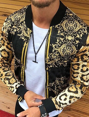  Men's Lightweight Jacket Summer Jacket Outdoor Street Breathable Pocket Print Fall Leopard Floral Streetwear Sporty Turndown Regular Regular Fit Gold Jacket