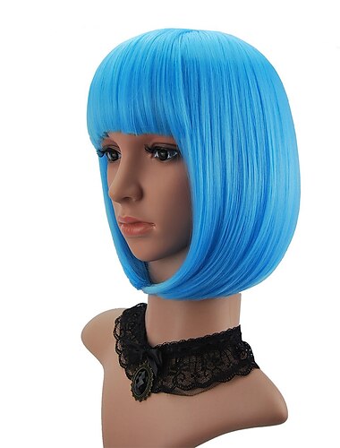  Rosa Damenperücken Synthetikperücke Glatter Bob mit Pony Perücke Rosa Kurz T-Rosé Silber Grau Weiß Blau Lila Haare 12 Zoll Damen Rosa Cosplay Perücken Weihnachtsfeier Perücken