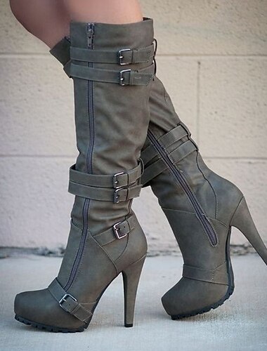  Beige kniehohe Stiletto-Stiefel für Damen mit Schnallenriemen und seitlichem Reißverschluss, sexy High Heel-Stiefel für modische Abende