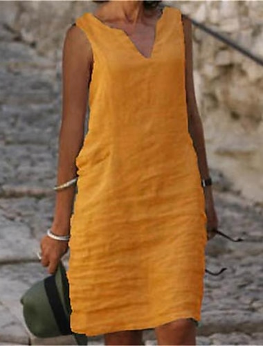  Mujer Vestido Midi Vestidos de lino y algodón Vestido informal Vestido de lino de algodón Vestido de cambio Básico Casual Vacaciones Diario Noche Ajuste regular Color puro Sin Mangas cuello partido