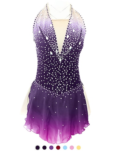  فستان التزلج الراقص نسائي للفتيات تزلج على الجليد الفساتين ملابس بنفسجي فاتح وردي يان الأصفر والأصفر فتح الظهر سباندكس مرن نسبياً التدريب ملابس التزلج مصنوع يدوي كلاسيكي الكريستال / حجر الراين بدون كم