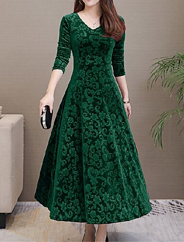  Damen Midikleid velvet kleid abendkleider Schaukelkleid Smaragdgrünes Kleid Elegant Modisch Romantisch winterkleider damen Urlaub kleid hochzeitsgast Schlank Blumen Langarm V Ausschnitt Schwarz Rote