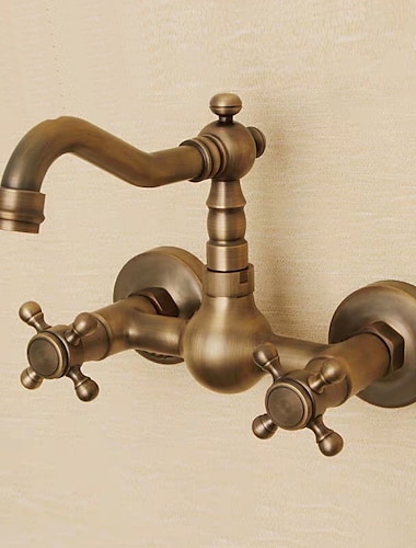  Robinet de lavabo de salle de bain en cuivre antique, montage mural mélangeurs robinets de bain à trois trous avec interrupteur chaud et froid et valve en céramique, poignées en alliage de zinc