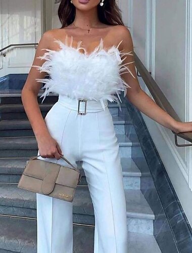 Monos Vestido Elegante Invitada de Boda Prom Largo hasta el Tobillo Sin Mangas Sin Tirantes Tela Elástica con Cinta de Plumas 2025