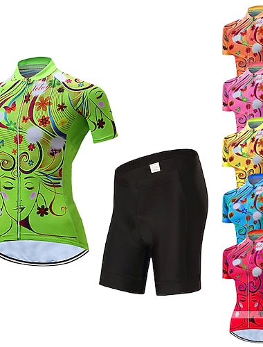  Naisten Pyöräily jersey ja shortsit Lyhythihainen Maastopyöräily Maantiepyöräily Kesä Kevät Syksy Keltainen Pinkki Punainen Kuvitettu Kuviollinen Kukat Kasvit Kukka Hauska Pyörä 3D alusta Nopea