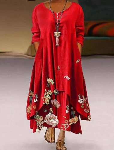  Vestido de Pascua curvo de talla grande para mujer, vestido informal floral con cuello redondo, manga larga, vestido de primavera y otoño, vestido maxi informal, vestido diario