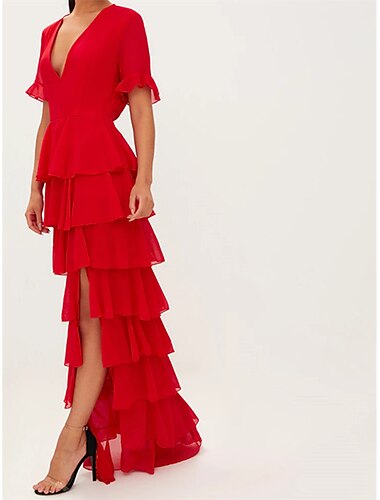  A-Linie-Abendkleid, rot-grünes Kleid, elegantes Hochzeitsgast-formelles V-Ausschnitt, kurze Ärmel, bodenlanger Chiffon mit Rüschen, Stufe 2024