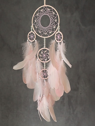  drömfångare handgjord present med 5 cirklar fjäderpärla blomma vägghängande dekor konst boho stil 16*70cm