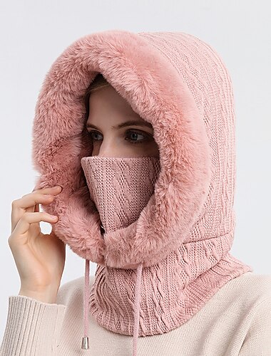 Hochwertiges Winterpelzmützen-Maskenset mit Kapuze für Frauen, gestrickter Kaschmirhals, warmer Outdoor-Ski, winddichte Mütze, dicke, flauschige Mützen