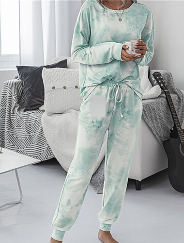  Women's Loungewear Sets Tracksuits 2 Pieces Tie Dye Sport Simple Casual Home Street Airport Polyester Crew Neck Long Sleeve Pullover Pant Elastic Waist Winter Fall Green Blue