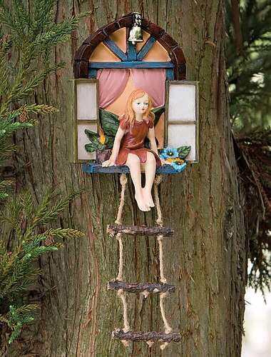  Fée maison arbre suspendu figurine fenêtre assis fée échelle résine artisanat statue extérieur ornement pour la maison jardin cour art décor