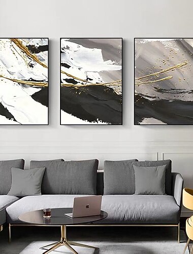  oliemaleri håndlavet håndmalet vægkunst tre paneler moderne sort hvid abstrakt boligindretning indretning valset lærred ingen ramme ustrakt