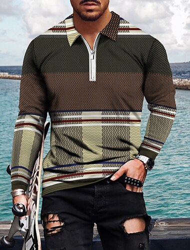  Herren Gestreift Poloshirts mit Reißverschluss Golfshirt Langarm Polo-Shirts Hemden mit Kragen Lässig Urlaubskleidung Formelle Kleidung Festivalkleidung 3D-Druck Viertelreißverschluss-Poloshirt Wei