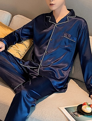  Hombre Pijamas Satén y Seda Bata de noche Pijama Color puro Moda Suave Hogar Cama Seda sintética Diseño Manga Larga Pantalón Otoño Primavera Plata Verde Trébol