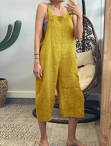  Mujer Normal Pantalones de lino y algodón pantalones Mono Estilo clásico Medio corto Media cintura Plano Holgado Rígido Noche Negro Amarillo Verde Ejército Rojo Verano Primavera & Otoño Holgado
