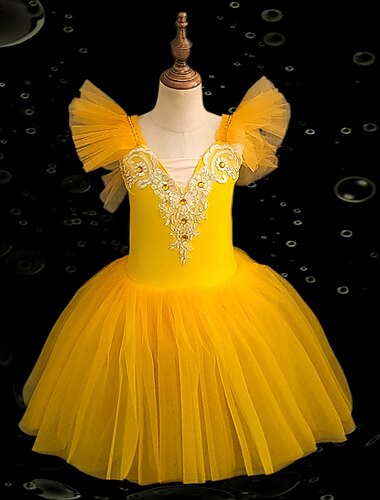  Kids' Dancewear Ballet Tutu Dress Dress Rhinestone Lace Embroidery Girls' Training Performance Cap Sleeve High Mesh Spandex