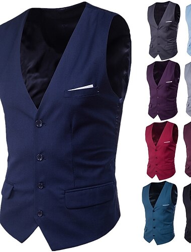  Herren Weste Hochzeit Arbeit Strasse Geschäft Strassenmode Geschäftlich Sommer Herbst Tasche Baumwolle Atmungsaktiv Feste Farbe Einreihiger Verschluss V Ausschnitt Regular Fit Meerblau Schwarz Wein