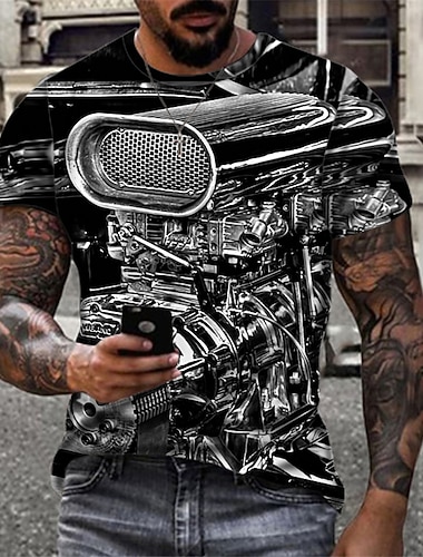  Herren Maschine T Shirt Kurzarm T-Shirt 3D-Druck Rundhals Hemd Sport Mode Designer Outdoor Urlaub Straße Silber Schwarz / Weiß Schwarzgrau Sommer Bekleidung S M L XL XXL XXXL 4XL