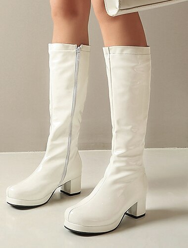  bottes à plateforme hautes en cuir verni blanc pour femmes avec fermeture éclair latérale - bottes à talons épais de style disco vintage des années 70 pour le cosplay, la mode rétro et les événements