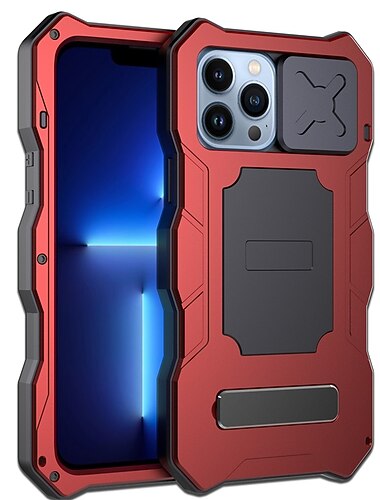  טלפון מגן עבור iPhone 14 Pro Max Plus 13 12 Pro Max עומס כבד עם מעמד מגן עדשות מצלמה עם רצועת יד TPU מתכת