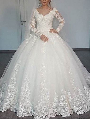  Eljegyzés Előírásos Esküvői ruhák Báli ruha V-alakú Hosszú ujj Udvariuszály Csipke Menyasszonyi ruhák Val vel Rátétek 2024