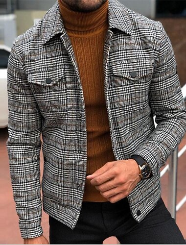  Homme Veste de camionneur Veste décontractée du quotidien Sortie Coupe Vent Chaud Poche Automne Hiver Tartan Vêtement de rue Décontractées Col rabattu Normal Standard Gris Veste
